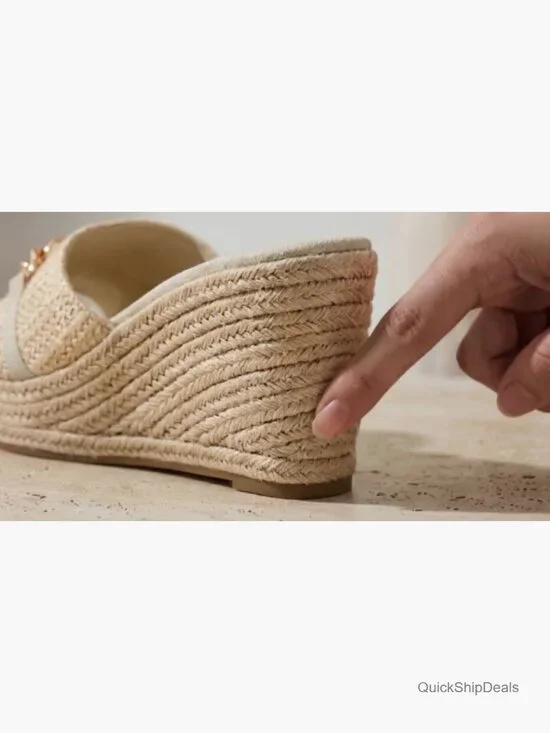 Raffia Wedge Espadrilles Sandals with Chain Detail Slip On Slides - Picture 7 of 7